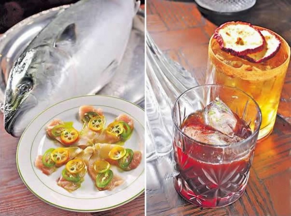 吞拿魚生($120):吞拿魚片淋上柚子汁、紫蘇葉油和墨西哥辣椒,酸辣香集一身。/ Rhum in Fashion($120,圖前)以青檸、呍呢嗱、朱古力等酒調校,苦苦哋又酸酸哋,有些掯。Ribstop