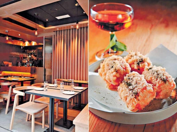 一室全木調子,燈光昏暗,氣氛Casual舒服。 / 【Sweet Corn Tempura $78】兩片粟米內夾入Mozzarella cheese,集香脆、爽甜、軟滑,好有新意。