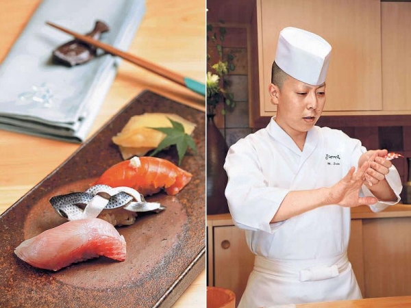 【金目鯛、小肌、時不知三文魚(晚餐)】三款壽司皆為晚巿壽司之一,處理手法皆為江戶前壽司的做法,時不知三文魚是日本最高級的三文魚,魚身份外橙紅。 / 齋藤正樹曾在銀座店工作。