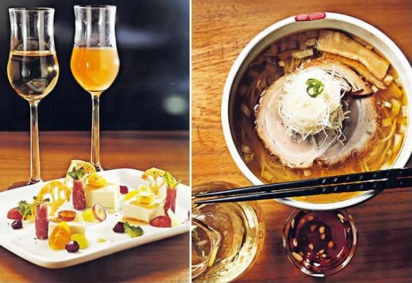 軟芝士配脆藕片($58):每位客人都有 1 杯特調的 Cocktail 或可選白酒,配 Fusion 小吃軟芝士配脆藕片,實在匹配。/ 清麗鹽($108):以鰹魚花節、沙甸魚乾及雞骨煲製成金黃的清湯,