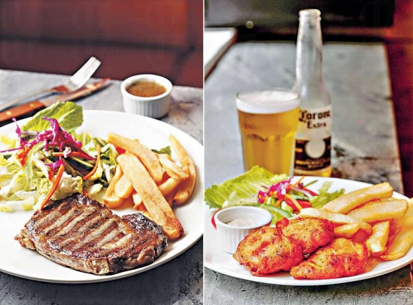 【Two for one steak promo $280】每晚推出買一送一優惠,牛扒來自澳洲家庭式農場,草飼牛扒不含荷爾蒙,西冷肉味濃,帶點油花,燒得剛好。 / 【Fish & chips $95】