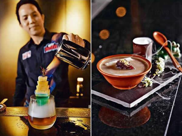 一零一煙火(未定價,稍後推出):台北 101 大樓造型的 Cocktail,特別淋上點火的苦艾酒,很搶眼!Shin 教路先喝了小杯的菠蘿汁及高山茶酒,吃掉那串菠蘿,然後喝最底的日月清茶加玫瑰糖水,平衡