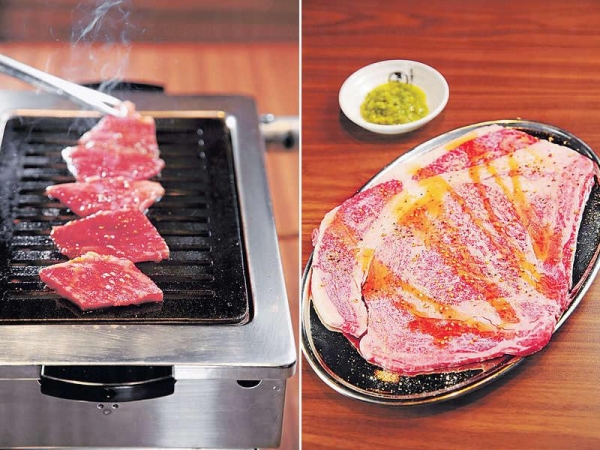 【汁燒黑毛和牛肋肉 $98】醃牛肉的醬汁由日本做好運到香港,燒好味帶香甜。 / 【大得驚人牛小排 $158(日本人氣 NO. 1)】足有200克,選用原件和牛肉眼位置切片,由店員燒製。